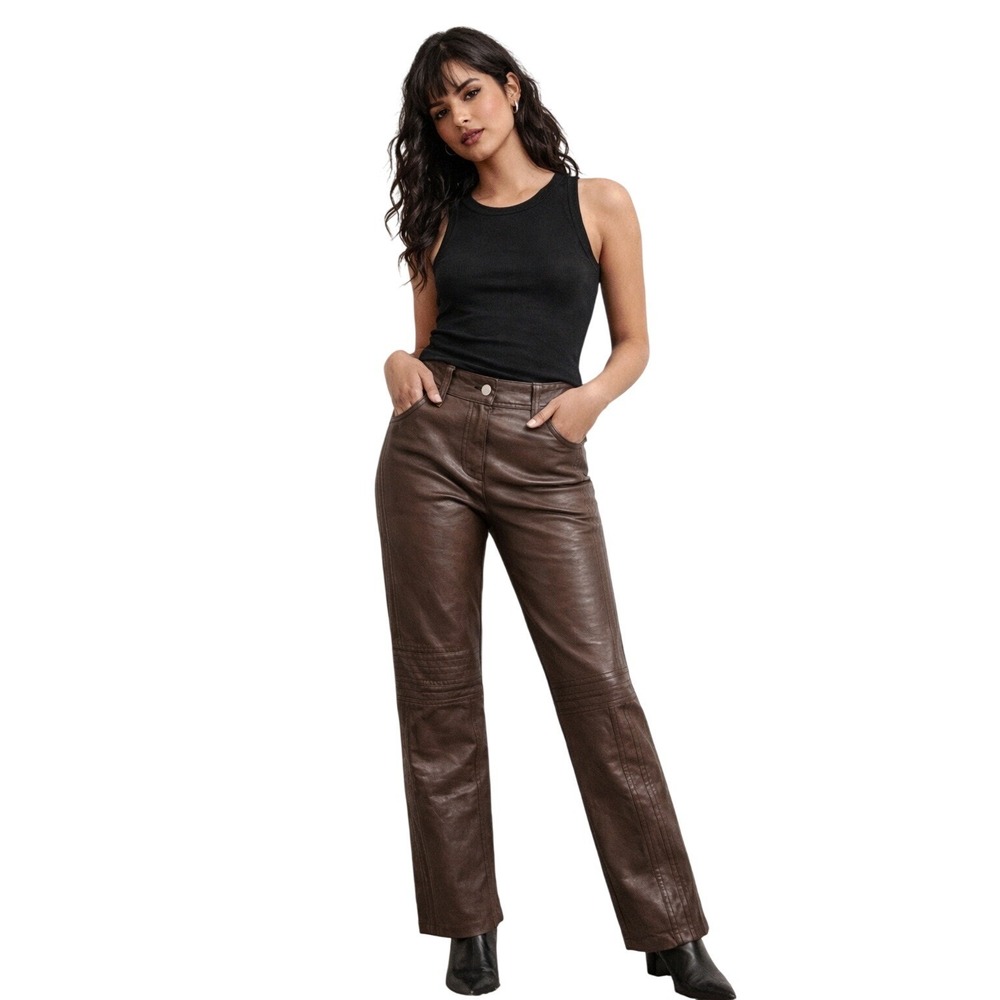DKNY leather brown moto straight leg pants minimalist quiet luxury size 2